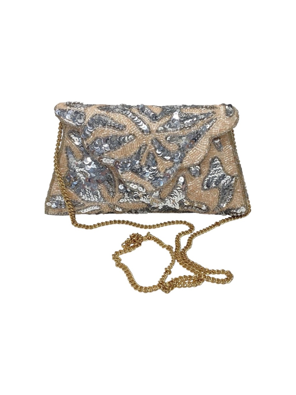 Sequin-Embellished Envelope Shoulder Bag in Gold and Silver